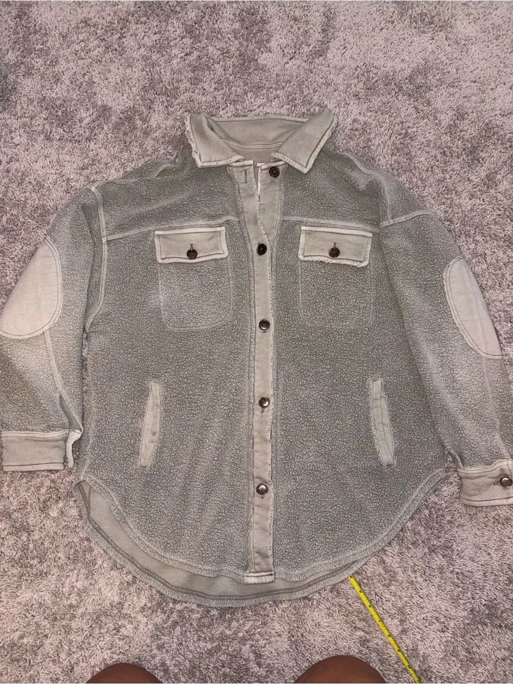 Free People Distressed Light Gray/Olive Green Sherpa Button-Down Shacket - Picture 1 of 6